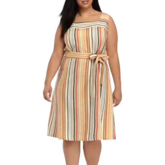 SANDRA DARREN Sunset Safari Yellow Pink Belted Fit & Flare Spring Dress Size 16 - Picture 1 of 11